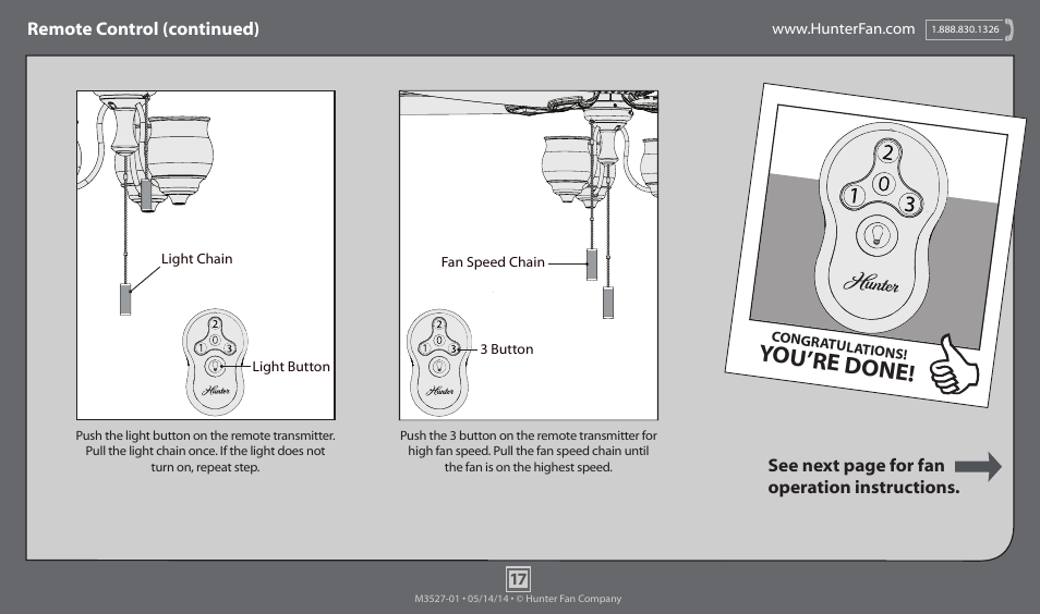 You’re done, Remote control (continued), See next page for fan operation instructions | Hunter 55045 64 Torrence User Manual | Page 17 / 20