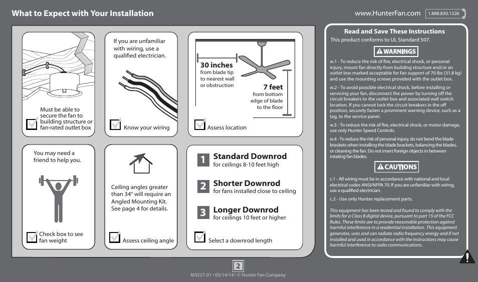 What to expect with your installation, Standard downrod, Shorter downrod | Longer downrod | Hunter 55045 64 Torrence User Manual | Page 2 / 20