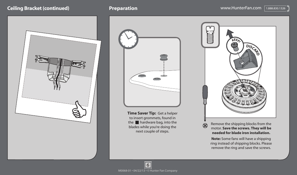 Ceiling bracket (continued) preparation | Hunter 55049 70 Fernwood User Manual | Page 6 / 20