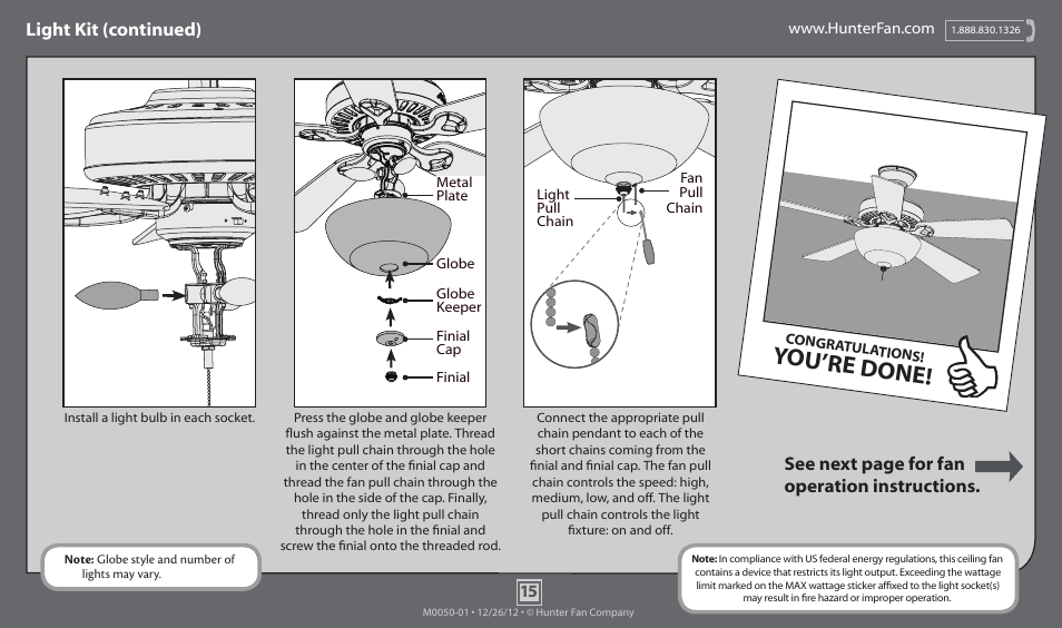 You’re done, Light kit (continued), See next page for fan operation instructions | Hunter 55043 70 Castleton User Manual | Page 15 / 17
