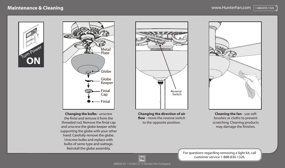 Maintenance & cleaning, Turn p ow er | Hunter 55043 70 Castleton User Manual | Page 16 / 17