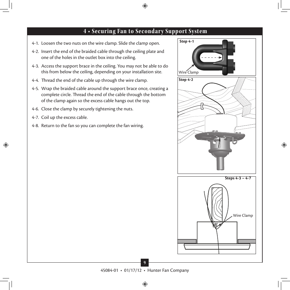 4 • securing fan to secondary support system | Hunter 28743 96 Industrial Fan User Manual | Page 9 / 16