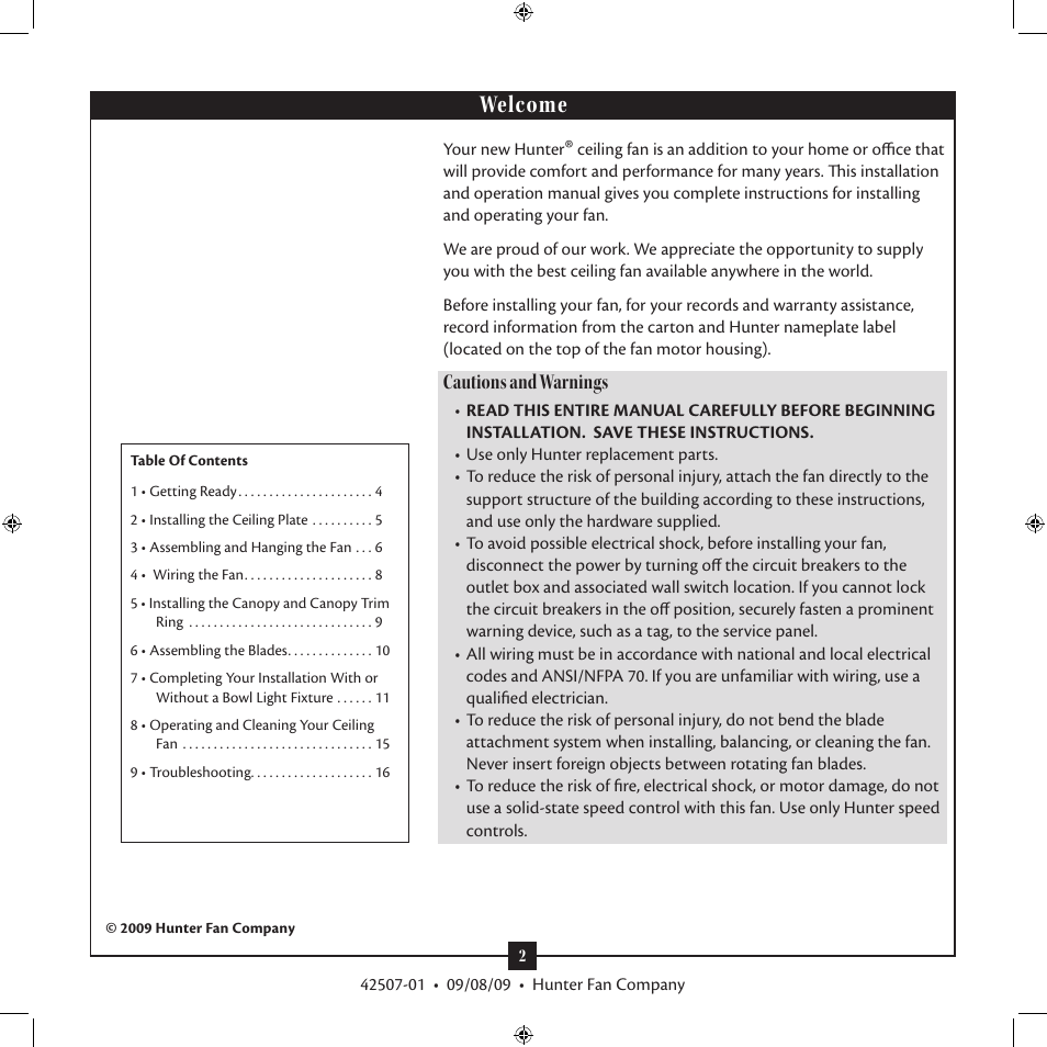 Welcome, Cautions and warnings | Hunter 21575 52 Auberge User Manual | Page 2 / 16