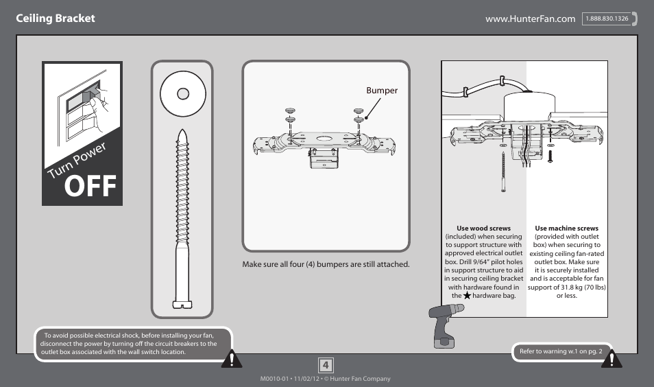 Turn p ow er, Ceiling bracket | Hunter 51044 42 Low Profile User Manual | Page 4 / 14