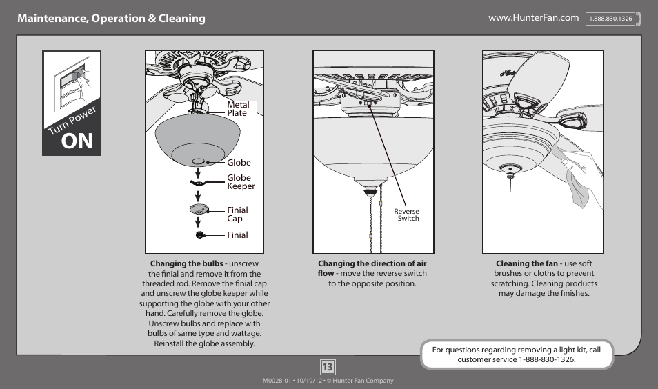 Maintenance, operation & cleaning, Turn p ow er | Hunter 51023 42 Conroy User Manual | Page 13 / 14