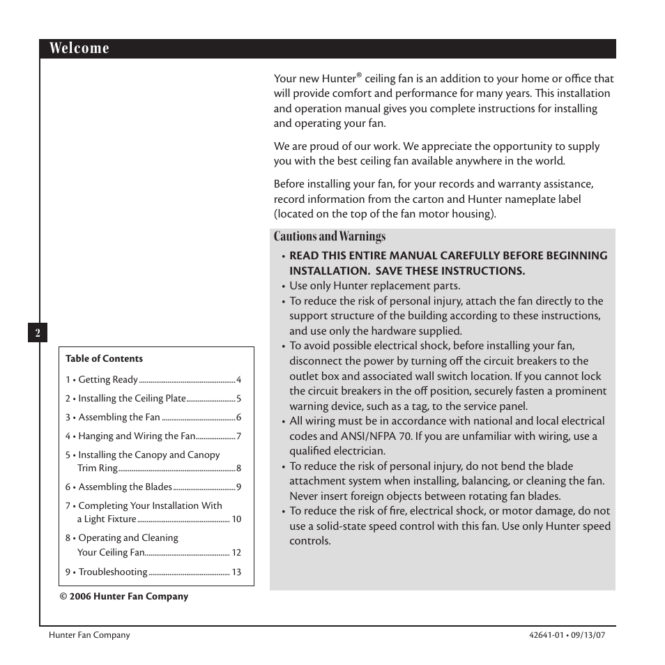 Welcome, Cautions and warnings | Hunter 26405 52 Architect Series Plus User Manual | Page 2 / 13