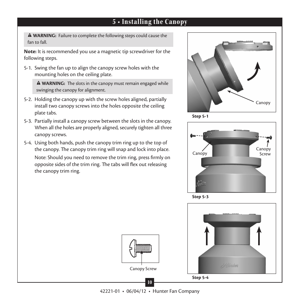 5 • installing the canopy | Hunter 59009 52 Allegheny Low Profile User Manual | Page 10 / 15