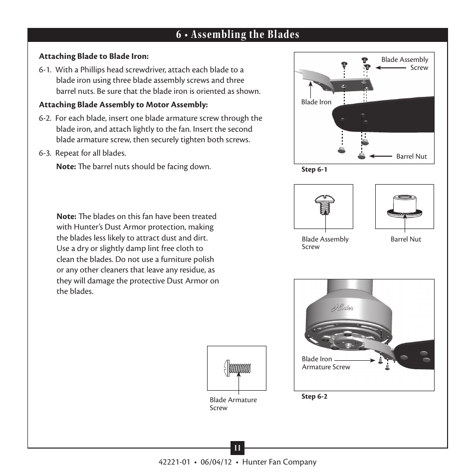 6 • assembling the blades | Hunter 59009 52 Allegheny Low Profile User Manual | Page 11 / 15