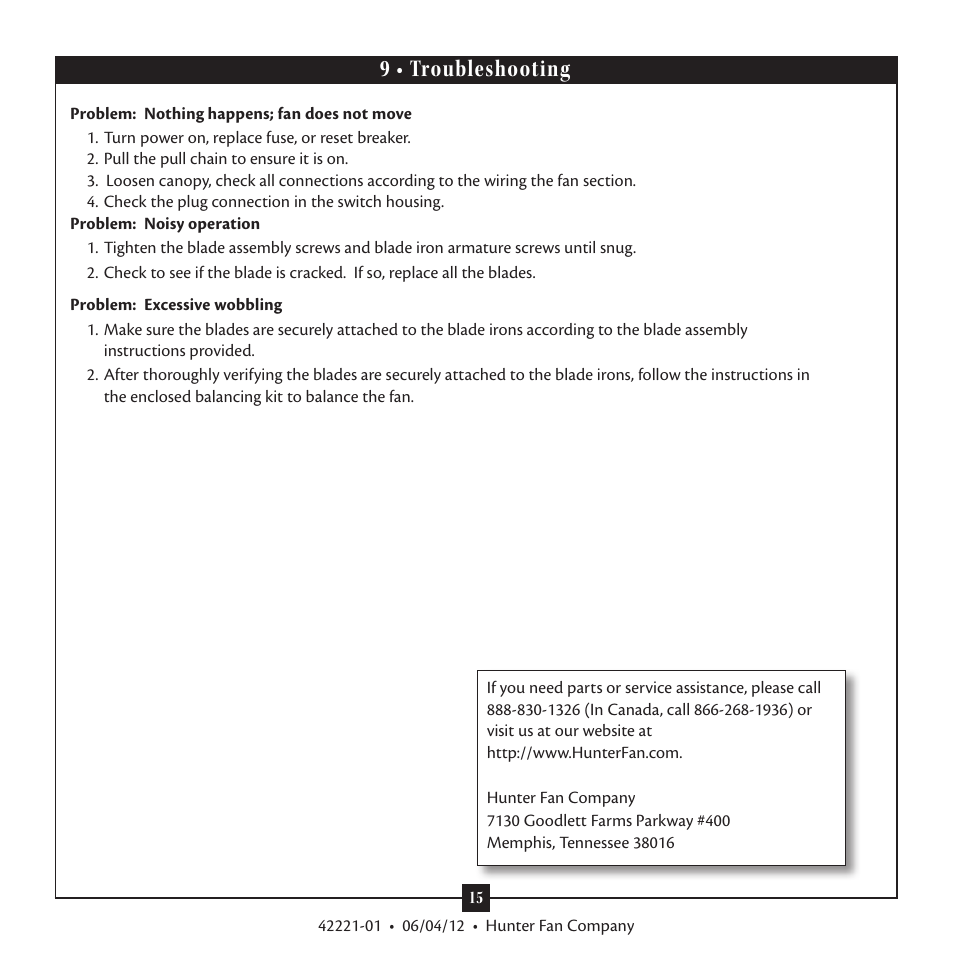 9 • troubleshooting | Hunter 59009 52 Allegheny Low Profile User Manual | Page 15 / 15