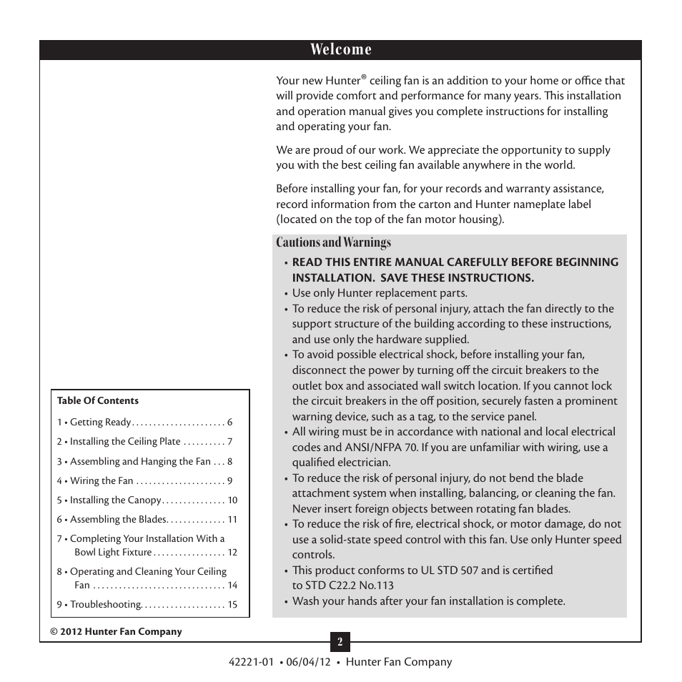 Welcome, Cautions and warnings | Hunter 59009 52 Allegheny Low Profile User Manual | Page 2 / 15