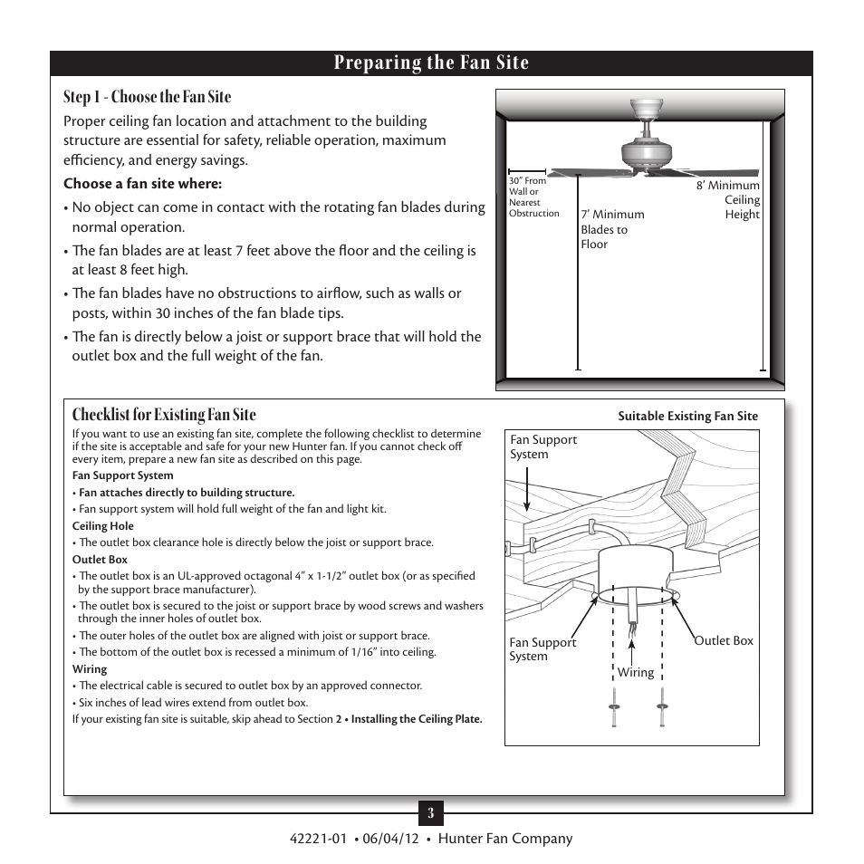 Preparing the fan site, Step 1 - choose the fan site, Checklist for existing fan site | Hunter 59009 52 Allegheny Low Profile User Manual | Page 3 / 15