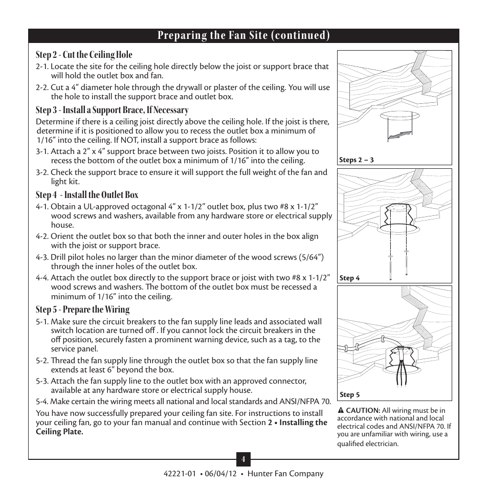 Preparing the fan site (continued), Step 2 - cut the ceiling hole, Step 3 - install a support brace, if necessary | Step 4 - install the outlet box, Step 5 - prepare the wiring | Hunter 59009 52 Allegheny Low Profile User Manual | Page 4 / 15
