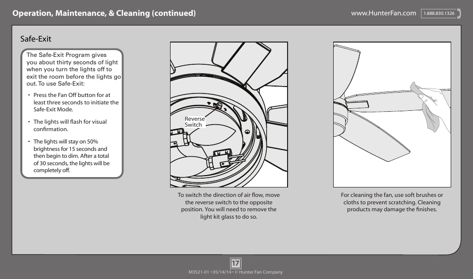 Operation, maintenance, & cleaning (continued), Safe-exit | Hunter 59039 54 Windemere User Manual | Page 17 / 18