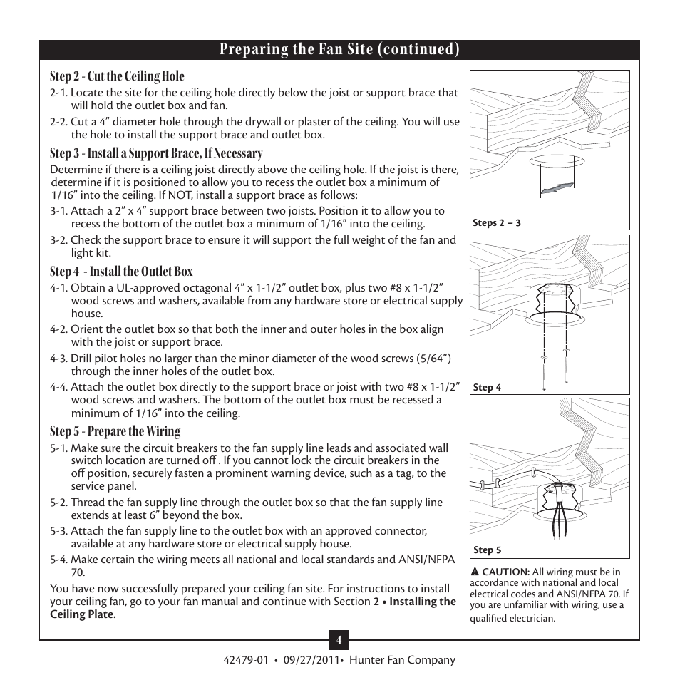 Preparing the fan site (continued), Step 2 - cut the ceiling hole, Step 3 - install a support brace, if necessary | Step 4 - install the outlet box, Step 5 - prepare the wiring | Hunter 28793 54 Teague User Manual | Page 4 / 16