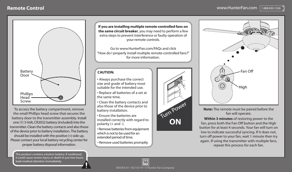 Turn p ow er, Remote control | Hunter 53214 54 Granville User Manual | Page 16 / 21