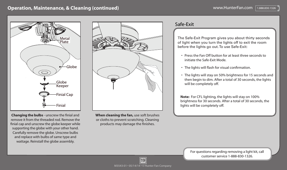 Operation, maintenance, & cleaning (continued), Safe-exit | Hunter 53214 54 Granville User Manual | Page 19 / 21