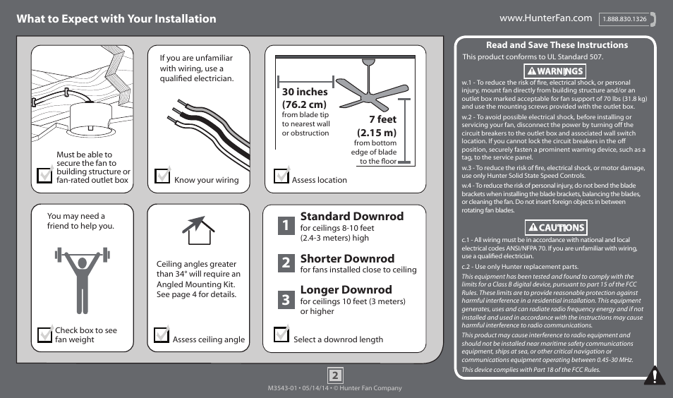 What to expect with your installation, Standard downrod, Shorter downrod | Longer downrod | Hunter 53214 54 Granville User Manual | Page 2 / 21