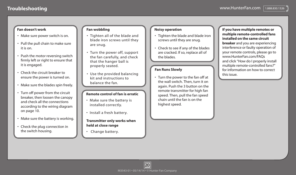 Troubleshooting | Hunter 53214 54 Granville User Manual | Page 20 / 21