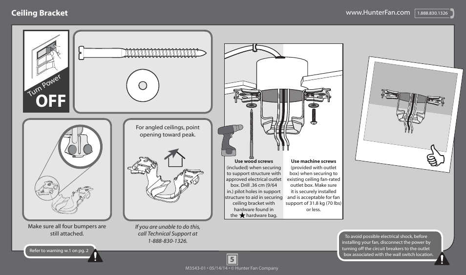 Ceiling bracket, Turn p ow er | Hunter 53214 54 Granville User Manual | Page 5 / 21