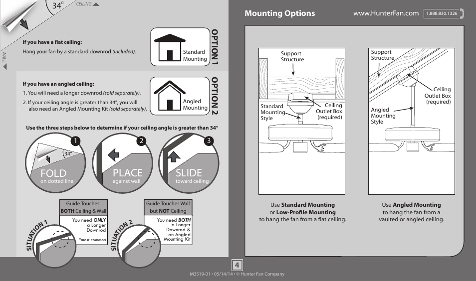 Slide, Place, Fold | Option 1, Option 2, Mounting options (continued), Mounting options | Hunter 59054 54 Eurus User Manual | Page 4 / 17
