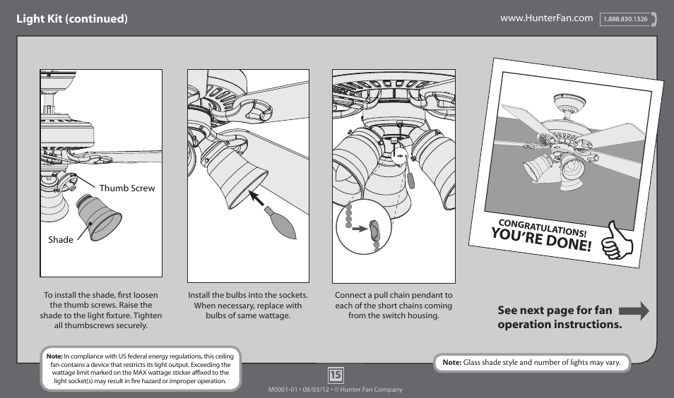 You’re done, Light kit (continued), See next page for fan operation instructions | Hunter 51003 34 Carmen User Manual | Page 15 / 17