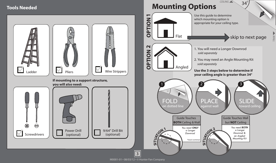 Mounting options, Slide, Place | Fold, Option 1, Option 2, Tools needed, Skip to next page | Hunter 51003 34 Carmen User Manual | Page 3 / 17