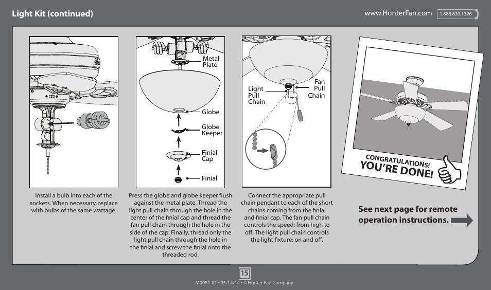 You’re done, Light kit (continued), See next page for remote operation instructions | Hunter 52096 52 Bellwood User Manual | Page 15 / 19