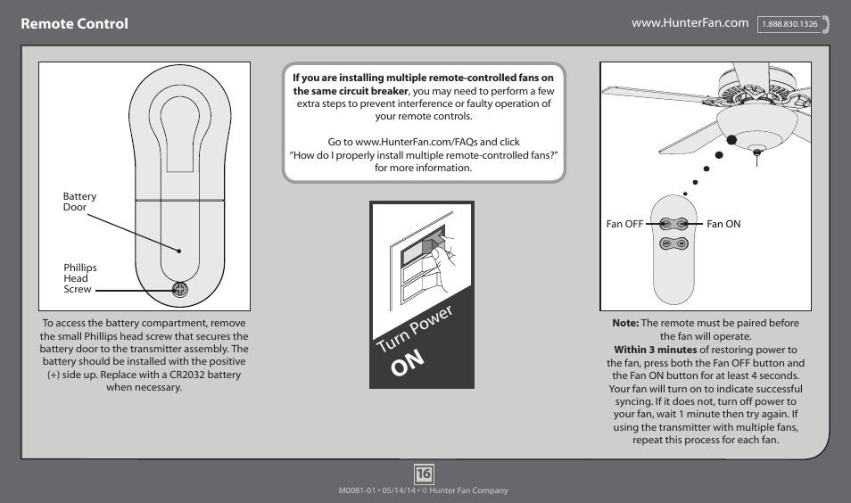 Turn p ow er, Remote control | Hunter 52096 52 Bellwood User Manual | Page 16 / 19