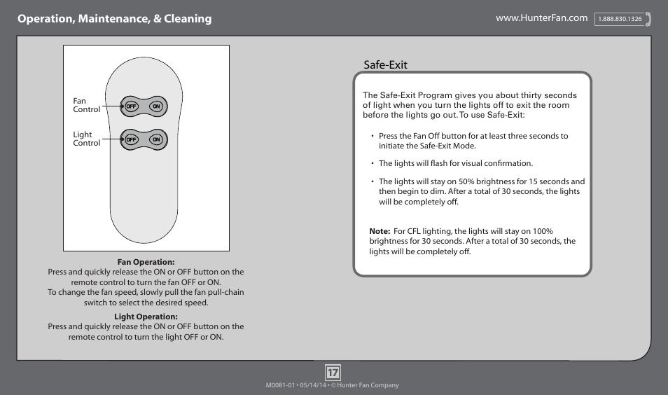 Operation, maintenance, & cleaning, Safe-exit | Hunter 52096 52 Bellwood User Manual | Page 17 / 19