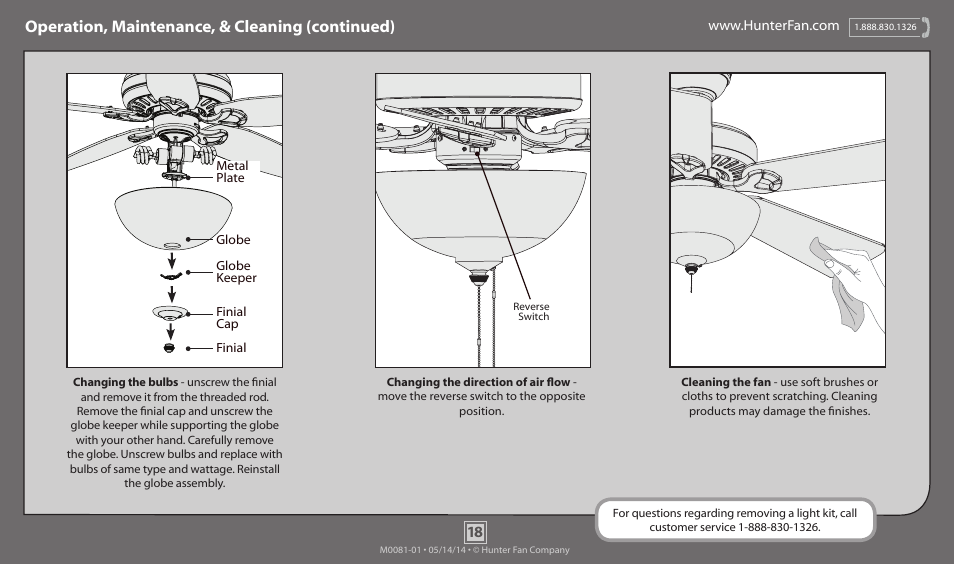 Operation, maintenance, & cleaning (continued) | Hunter 52096 52 Bellwood User Manual | Page 18 / 19