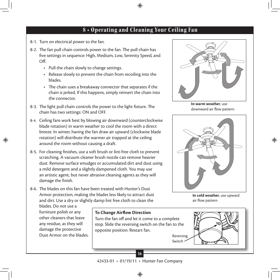 8 • operating and cleaning your ceiling fan | Hunter 28670 52 Ballantyne User Manual | Page 16 / 17