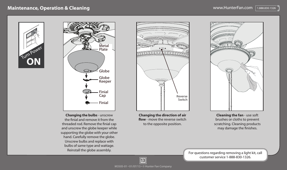 Maintenance, operation & cleaning, Turn p ow er | Hunter 53207 52 Avignon User Manual | Page 13 / 14