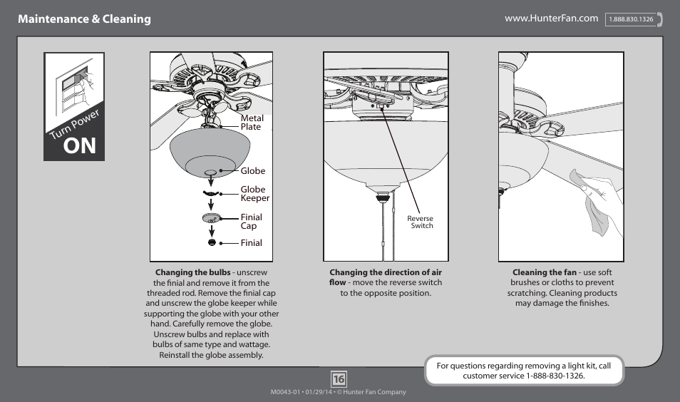 Maintenance & cleaning, Turn p ow er | Hunter 53134 52 Aventine User Manual | Page 16 / 17