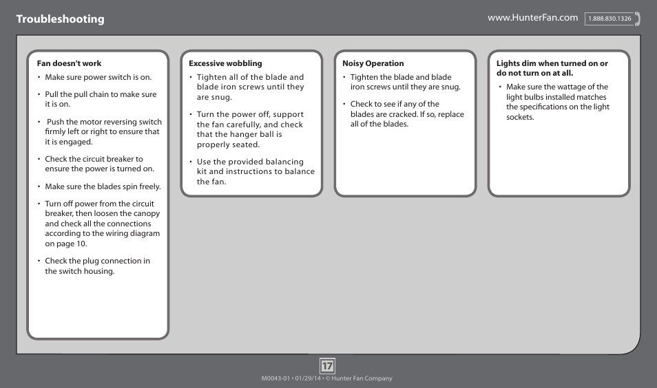 Troubleshooting | Hunter 53134 52 Aventine User Manual | Page 17 / 17