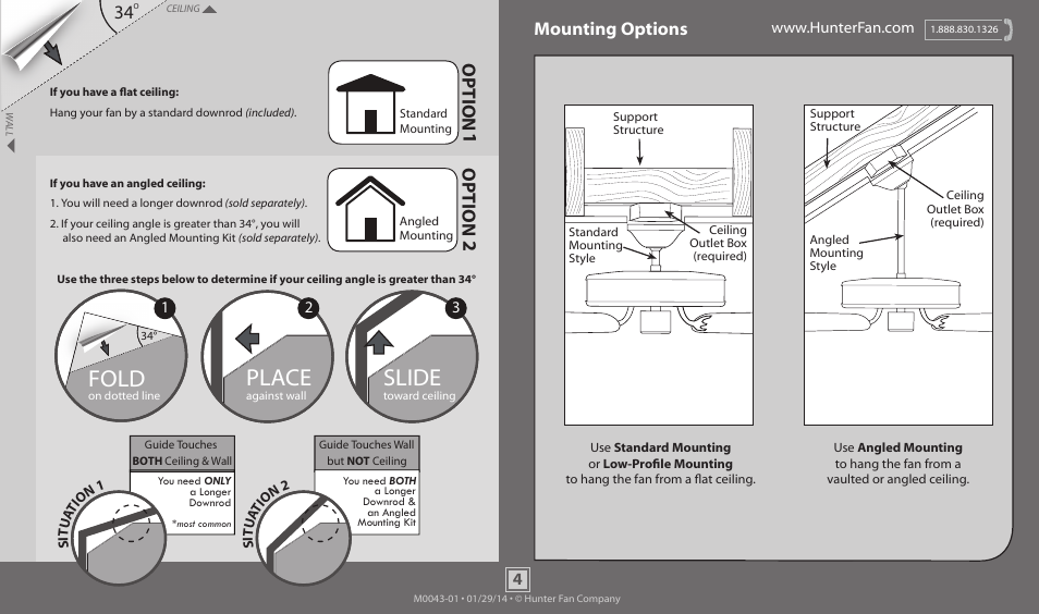 Slide, Place, Fold | Option 1, Option 2, Mounting options | Hunter 53134 52 Aventine User Manual | Page 4 / 17