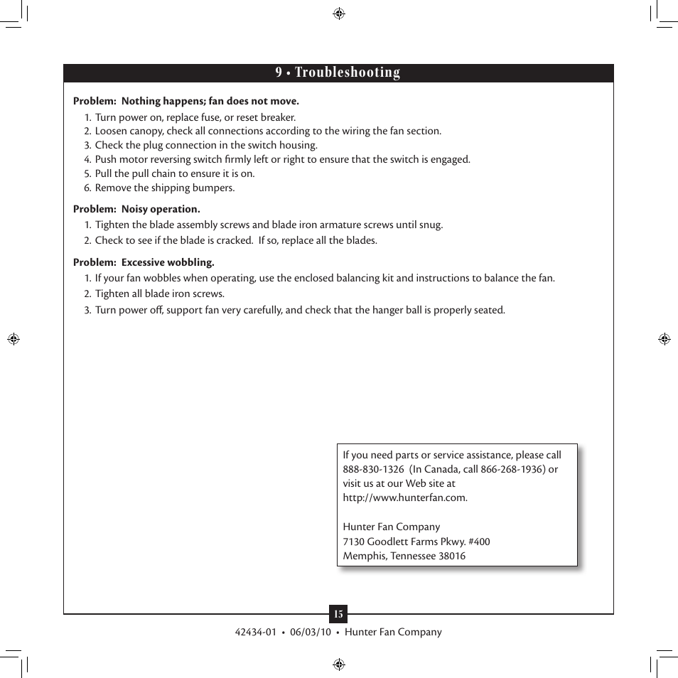 9 • troubleshooting | Hunter 25820 52 Augusta User Manual | Page 15 / 15