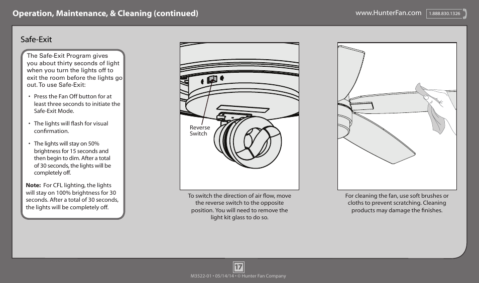 Operation, maintenance, & cleaning (continued), Safe-exit | Hunter 59013 52 Contempo User Manual | Page 17 / 18