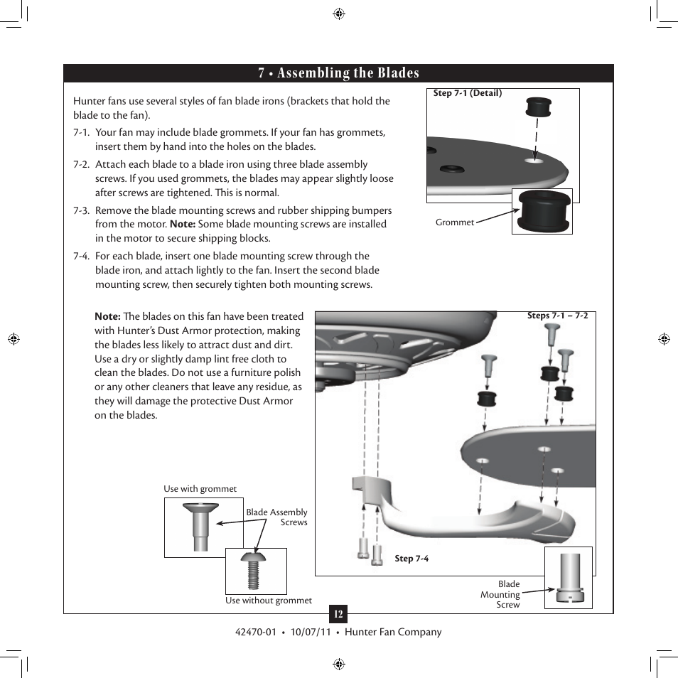 7 • assembling the blades | Hunter 28752 52 Conlee User Manual | Page 12 / 18