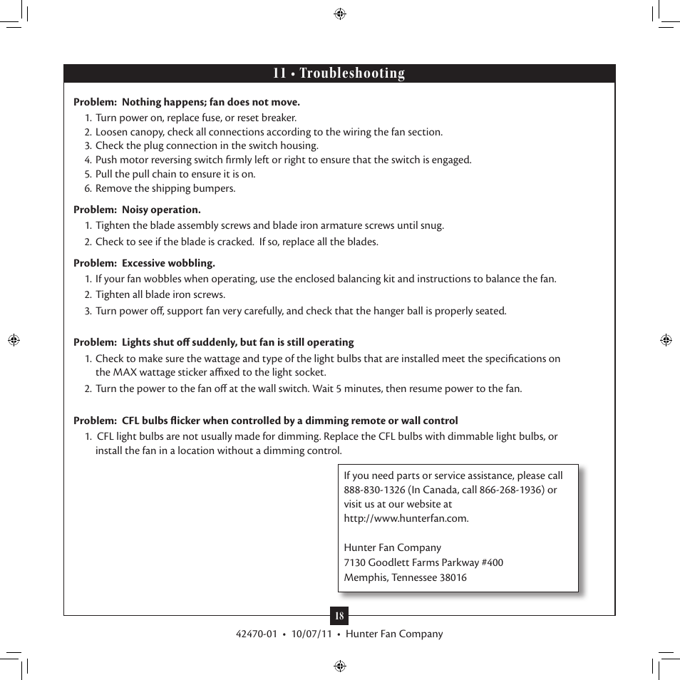 11 • troubleshooting | Hunter 28752 52 Conlee User Manual | Page 18 / 18