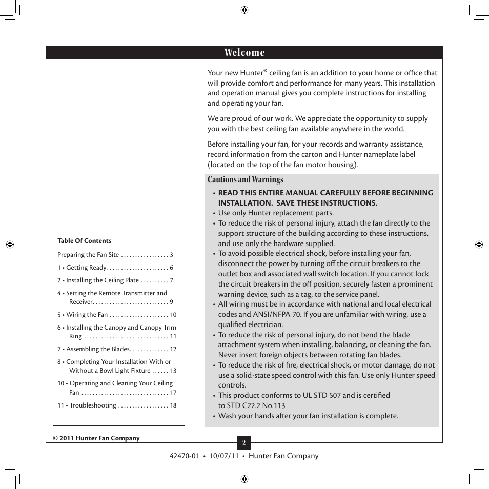 Welcome, Cautions and warnings | Hunter 28752 52 Conlee User Manual | Page 2 / 18