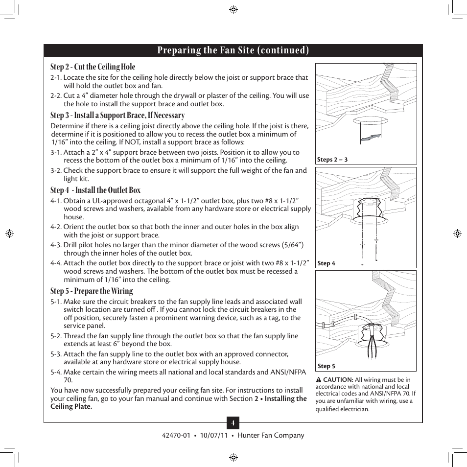 Preparing the fan site (continued), Step 2 - cut the ceiling hole, Step 3 - install a support brace, if necessary | Step 4 - install the outlet box, Step 5 - prepare the wiring | Hunter 28752 52 Conlee User Manual | Page 4 / 18