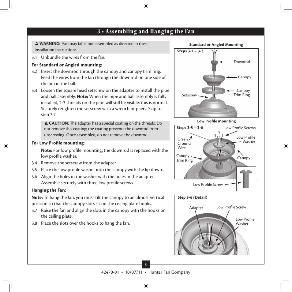 3 • assembling and hanging the fan | Hunter 28752 52 Conlee User Manual | Page 8 / 18