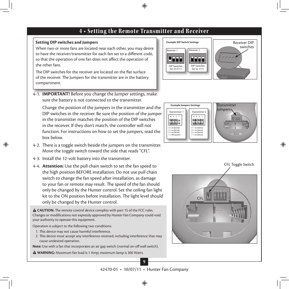 4 • setting the remote transmitter and receiver | Hunter 28752 52 Conlee User Manual | Page 9 / 18