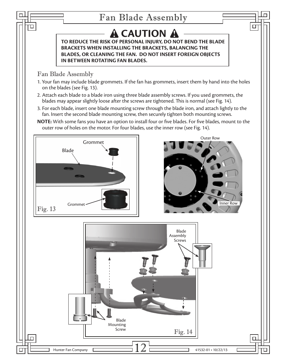 Caution, Fan blade assembly | Hunter 23855 52 Classic Original User Manual | Page 12 / 15