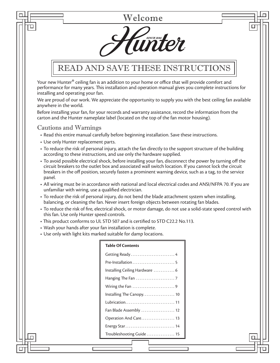 Welcome, Read and save these instructions, Cautions and warnings | Hunter 23855 52 Classic Original User Manual | Page 2 / 15