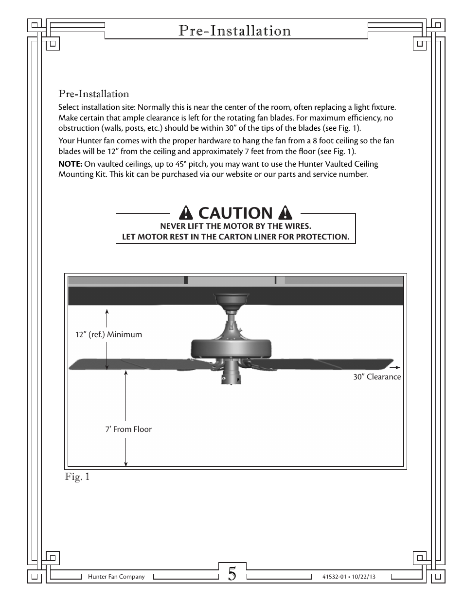 Caution, Pre-installation | Hunter 23855 52 Classic Original User Manual | Page 5 / 15