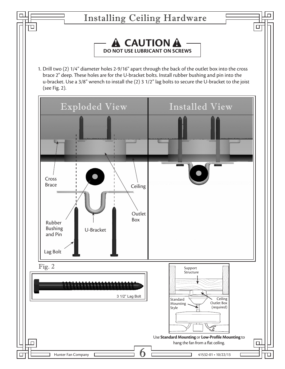 Caution, Installing ceiling hardware, Exploded view installed view | Hunter 23855 52 Classic Original User Manual | Page 6 / 15