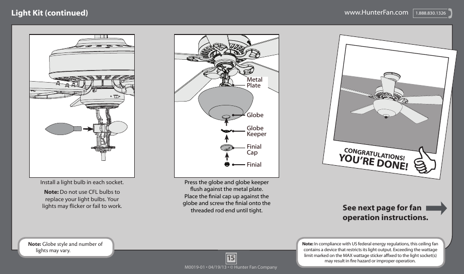 You’re done, Light kit (continued), See next page for fan operation instructions | Hunter 53032 52 Fairhaven User Manual | Page 15 / 19