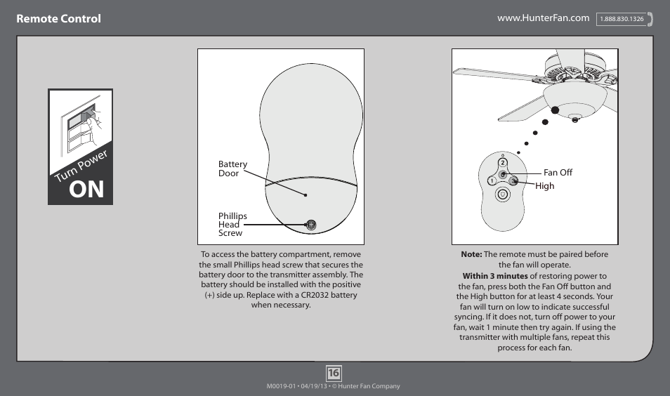 Remote control, Turn p ow er | Hunter 53032 52 Fairhaven User Manual | Page 16 / 19