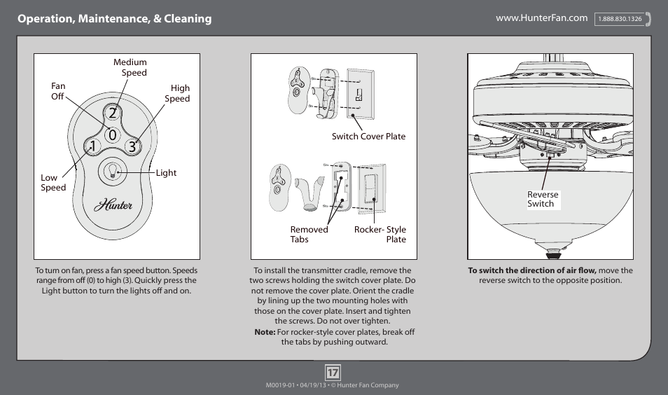 Operation, maintenance, & cleaning | Hunter 53032 52 Fairhaven User Manual | Page 17 / 19